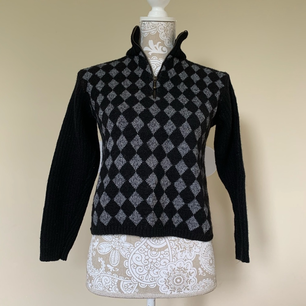 Anthropologie Checkered 1/4 Zip Wool Knit Sweater Black Gray White